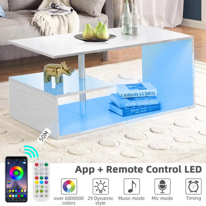 High Gloss Coffee Table with Open Shelf LED Lights Smart APP Control White Center Sofa End Table S Shaped Modern Cocktail Tables with for Living Room