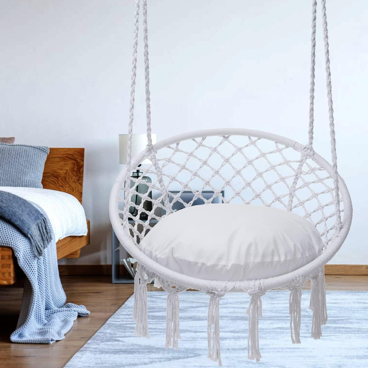 Hammock Chair Macrame Swing Chair, Max 330 Lbs, Hanging Chair Cotton Rope Hammock Chair Swing for Indoor and Outdoor Use, White