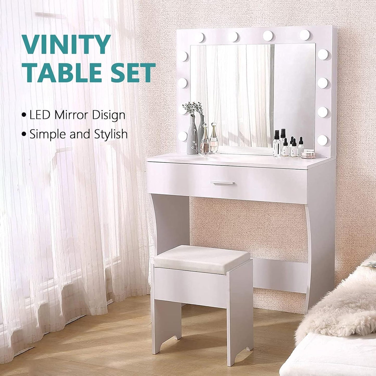 Makeup Vanity with Lights, Vanity Desk Makeup Table, Brightness Adjustable, Large Drawer Sturdy Vanity for Bedroom Studio, White