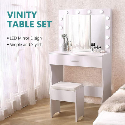 Makeup Vanity with Lights, Vanity Desk Makeup Table, Brightness Adjustable, Large Drawer Sturdy Vanity for Bedroom Studio, White