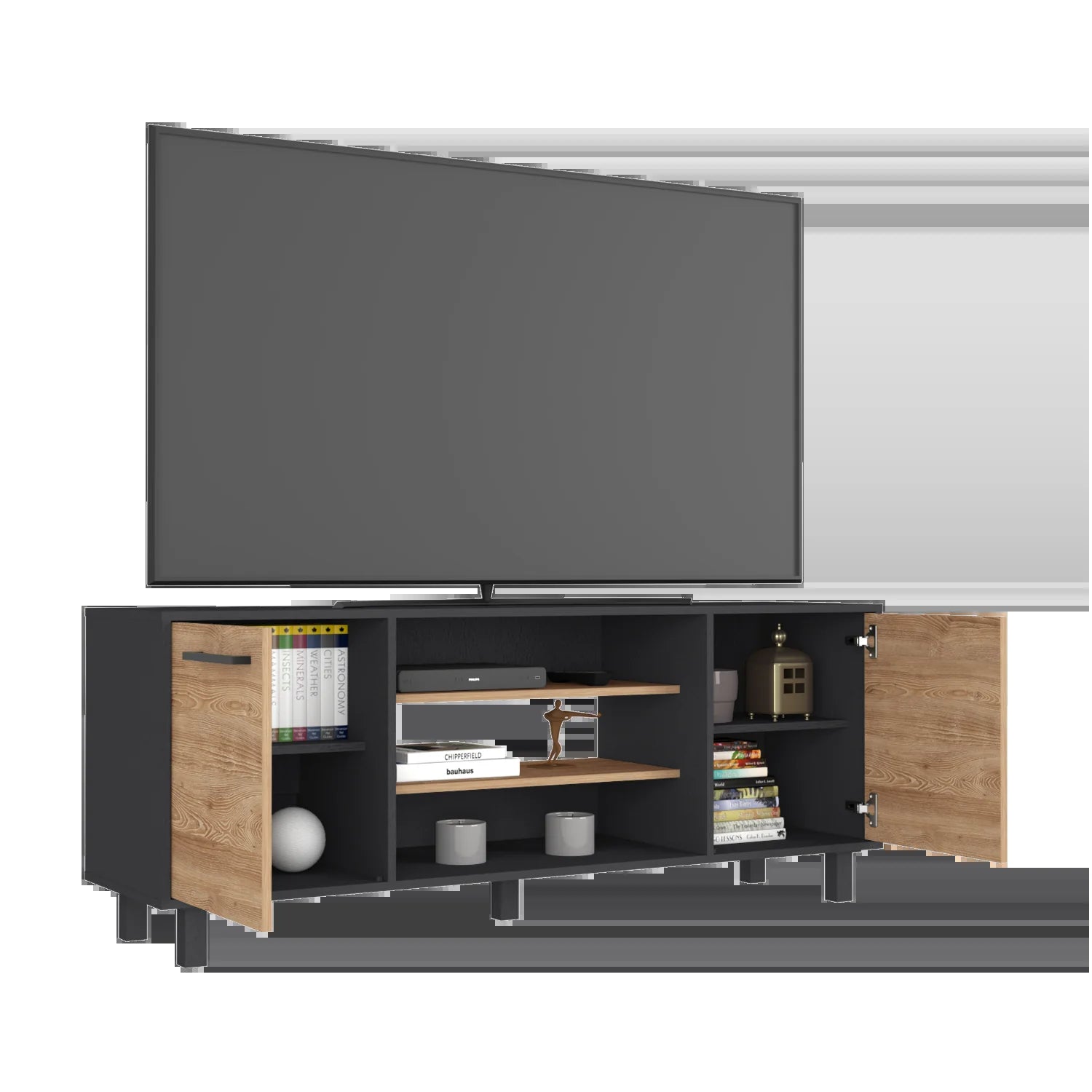 Tv Stand for Tv´S up 55" Washington, Four Shelves, Black Wengue / Pine Finish