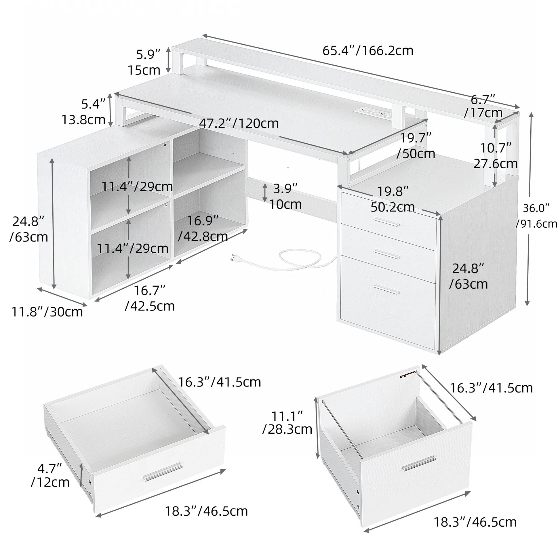 65" L Shaped Desk with Power Outlets and Monitor Stand , Computer Desk with LED Light &File Cabinet, Corner Desk with 3 Drawers & 4 Open Storage Shelves, Modern Home Office Desk, White