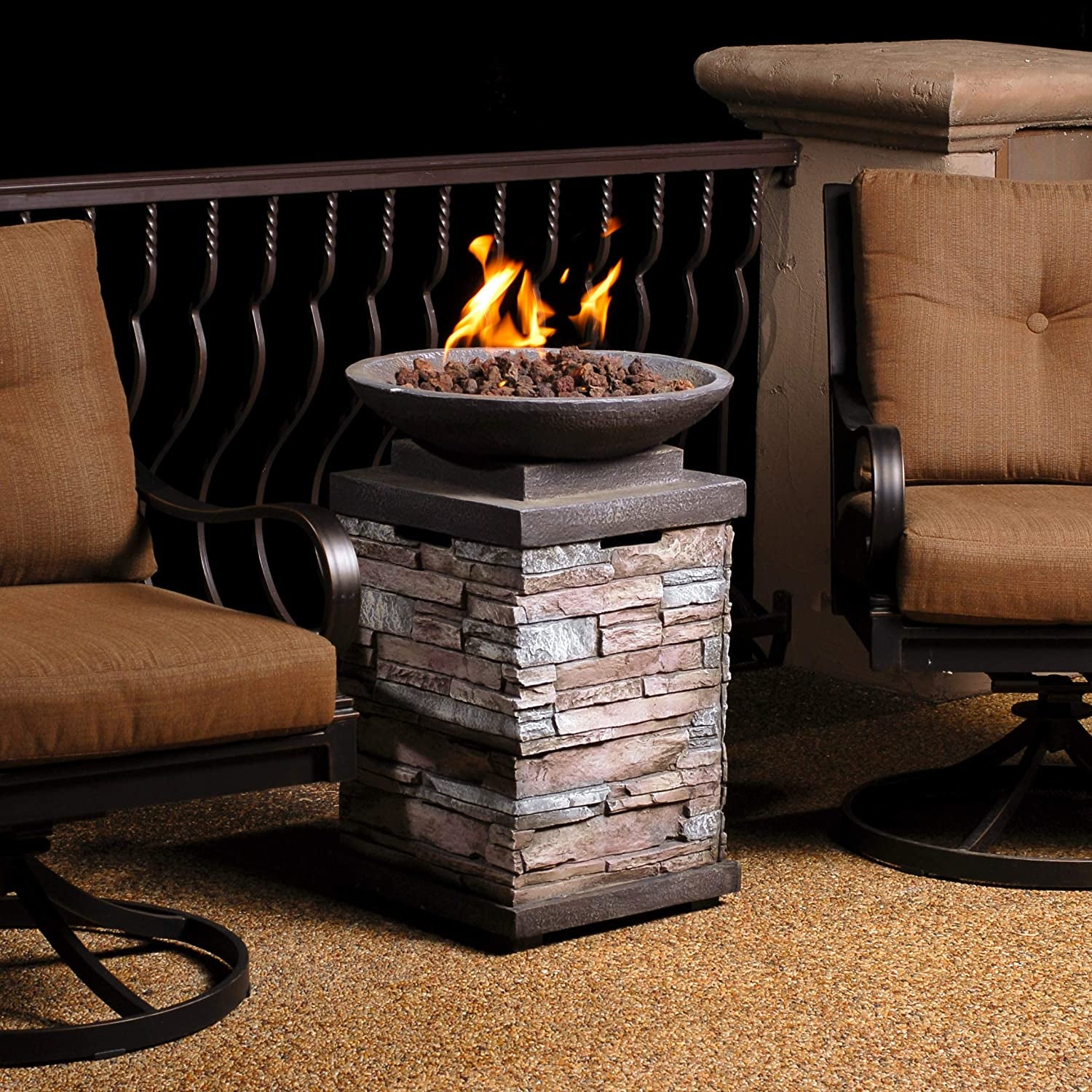 Manufacturing 63172 Newcastle Propane Firebowl Column Realistic Look Firepit Heater Lava Rock 40,000 BTU Outdoor Gas Fire Pit 20 Lb, Pack of 1, Natural Stone