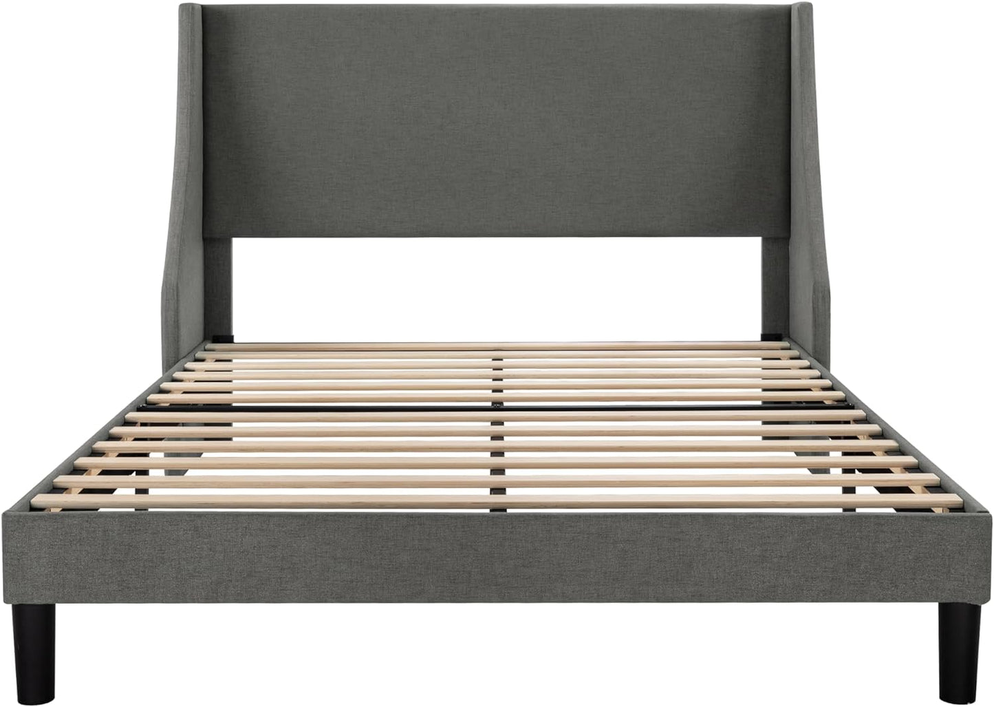 Full Size Bed Frame, Platform Bed Frame with Upholstered Headboard, Modern Deluxe Wingback, Wood Slat Support, Mattress Foundation, Dark Grey