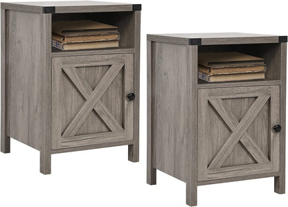 Farmhouse Nightstand, End Table, End Tables with Barn Door and Shelf, Modern Bed Side Table Rustic Gray Nightstands Set for Bedroom, Living Room, Set of 2, Gray Wash