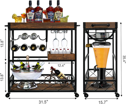 Bar Cart for the Home, 3 Tire Industrial Rolling Serving Cart on Lockable Wheels, Alcoholic Beverage Trolley with 2 Removable Trays, Wine Rack and Glass Holder for Indoor, Outdoor