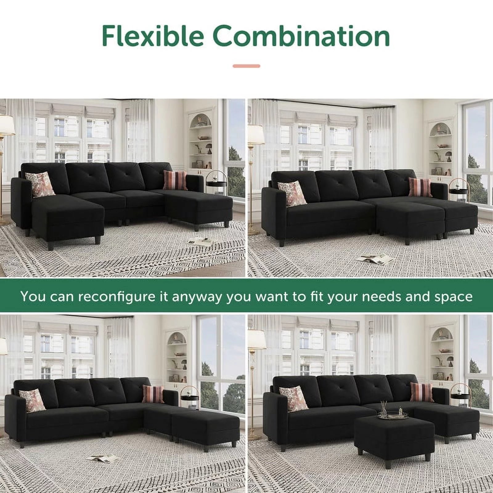 Modern Sectional Couch with Tufted Back Cushions and Ottoman for Living Room, Black