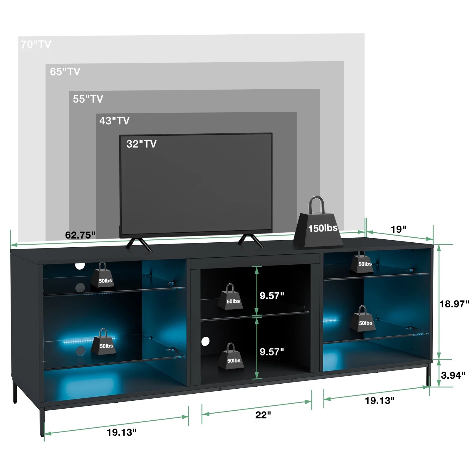 TV Stand for 70" TV Modern Black Entertainment Center with LED Lights Media Console Cabinet Open Glass Storage Shelves for Gaming Living Room