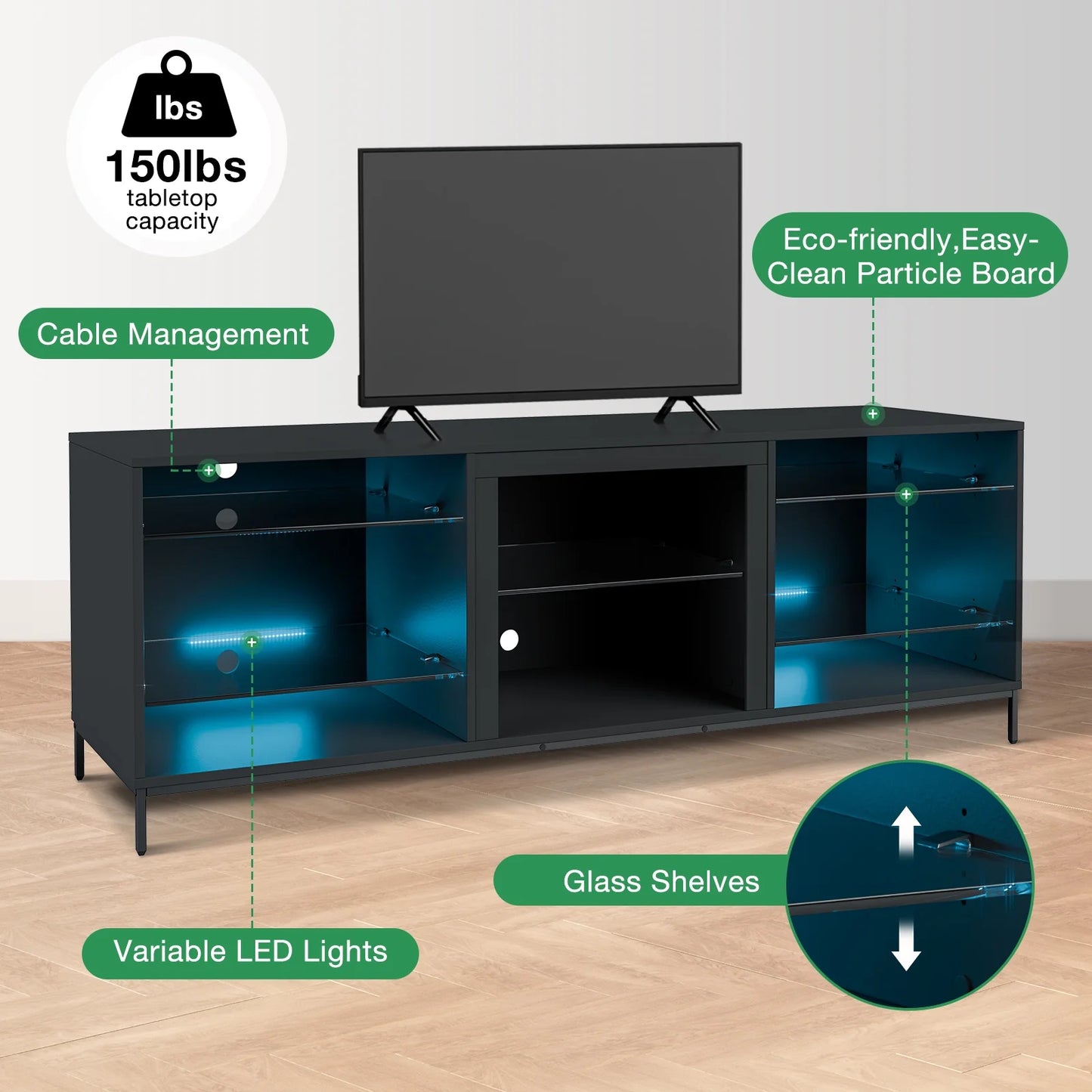 TV Stand for 70" TV Modern Black Entertainment Center with LED Lights Media Console Cabinet Open Glass Storage Shelves for Gaming Living Room