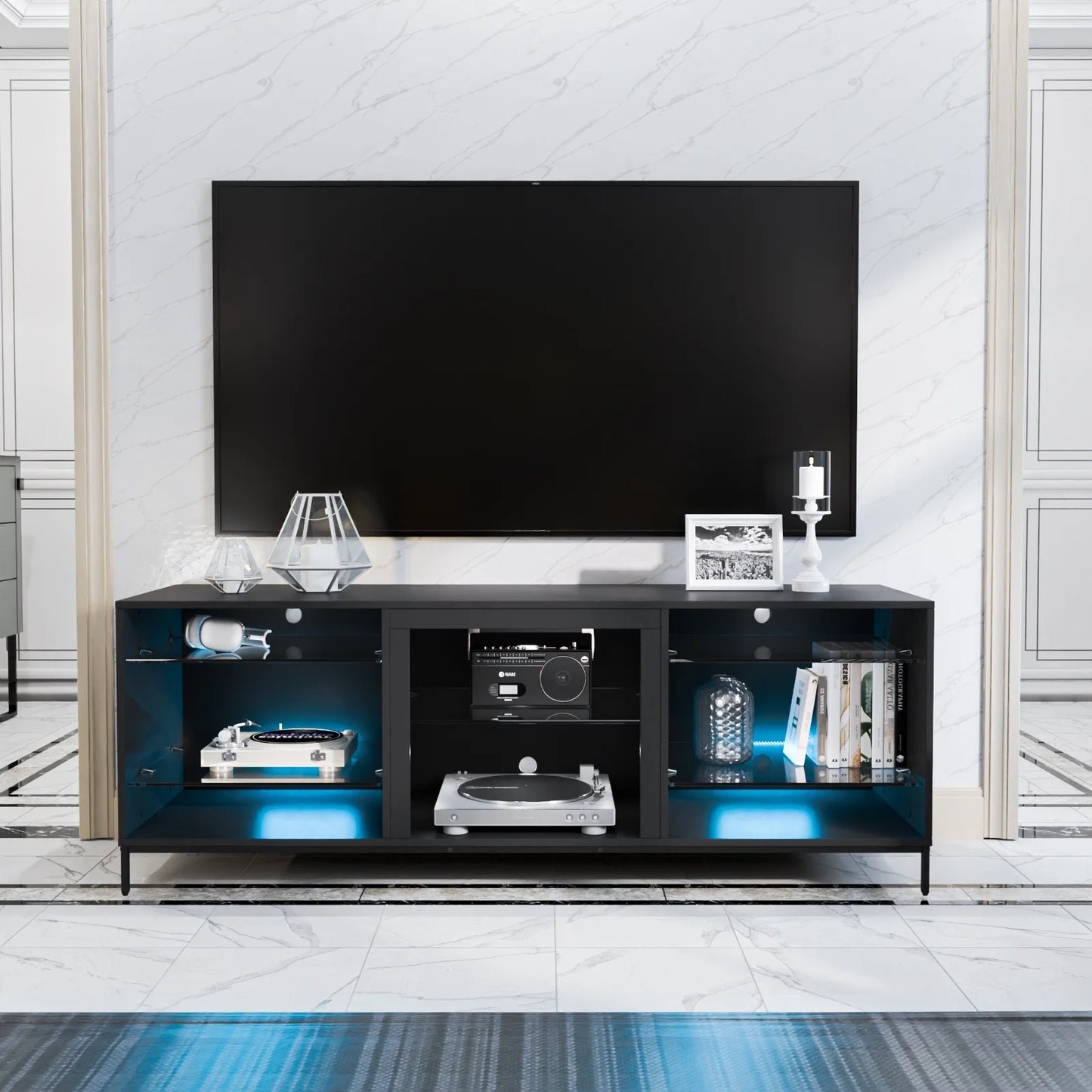 TV Stand for 70" TV Modern Black Entertainment Center with LED Lights Media Console Cabinet Open Glass Storage Shelves for Gaming Living Room