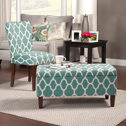 Large Upholstered Rectangular Storage Ottoman Bench with Hinged Lid, Teal Blue Geometric