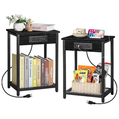 Nightstand End Table with Charging Station Black, Set of 2