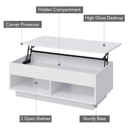 Lift Top Coffee Table with Hidden Compartment High Gloss White Coffee Tables LED Center Rising Cocktail Table for Living Room Accent Furniture