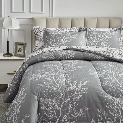 Bed in a Bag 7 Pieces Queen Size Gray Branches with Yellow Dots - Soft Microfiber Reversible Bed Comforter Set (1 Comforter 2 Pillow Shams 1 Flat Sheet 1 Fitted Sheet 2 Pillowcases)