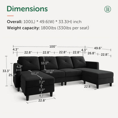 Modern Sectional Couch with Tufted Back Cushions and Ottoman for Living Room, Black