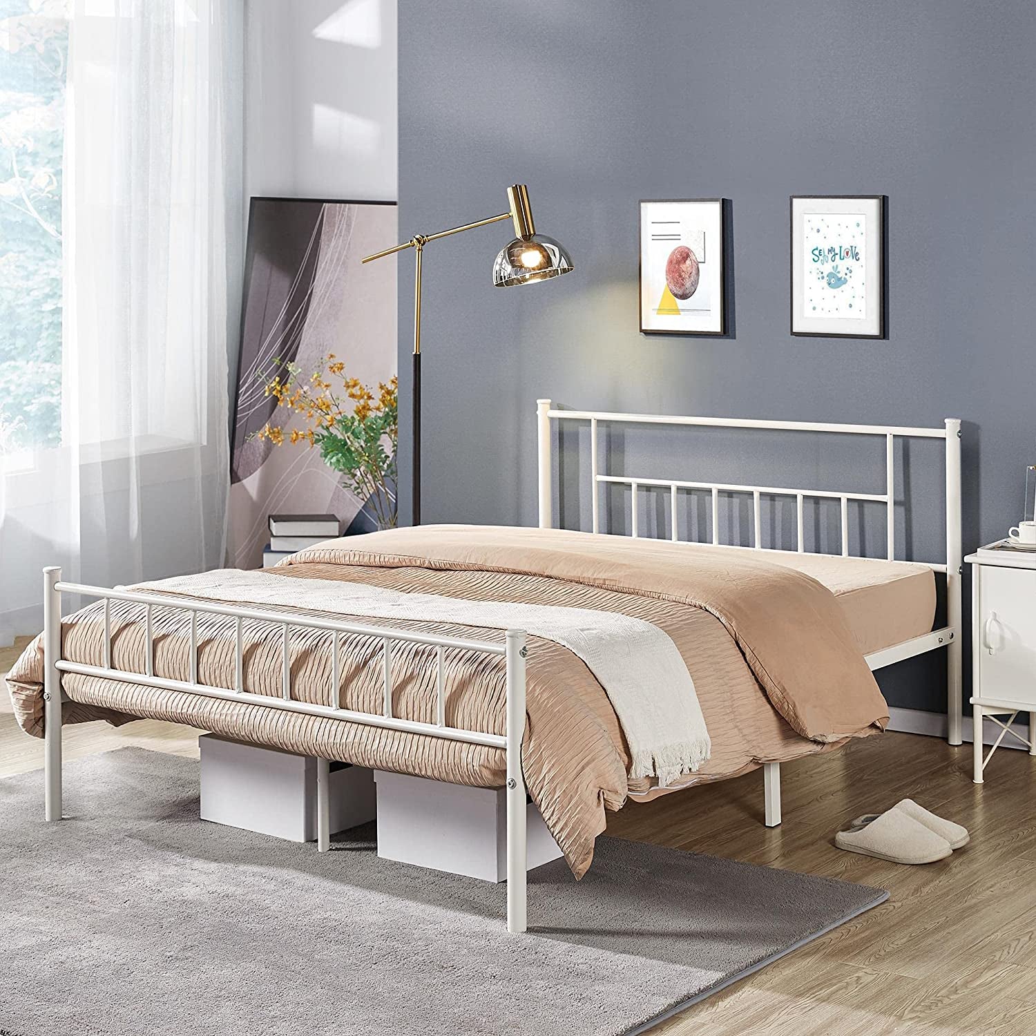 13 Inch Full Size Metal Bed Frame with Headboard and Footboard Platform Bed Frame with Storage No Box Spring Needed Mattress Foundation for Adult White