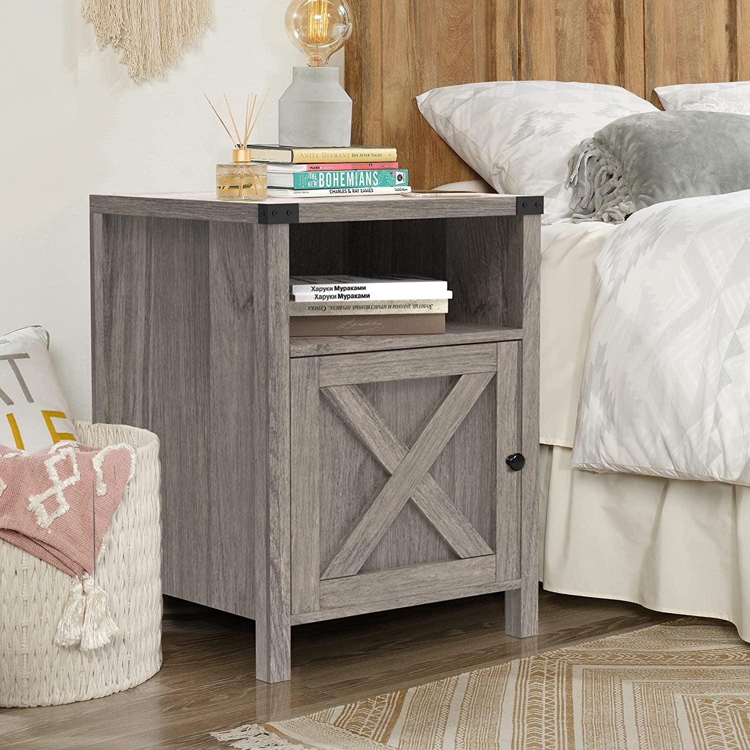 Farmhouse Nightstand, End Table, End Tables with Barn Door and Shelf, Modern Bed Side Table Rustic Gray Nightstands Set for Bedroom, Living Room, Set of 2, Gray Wash