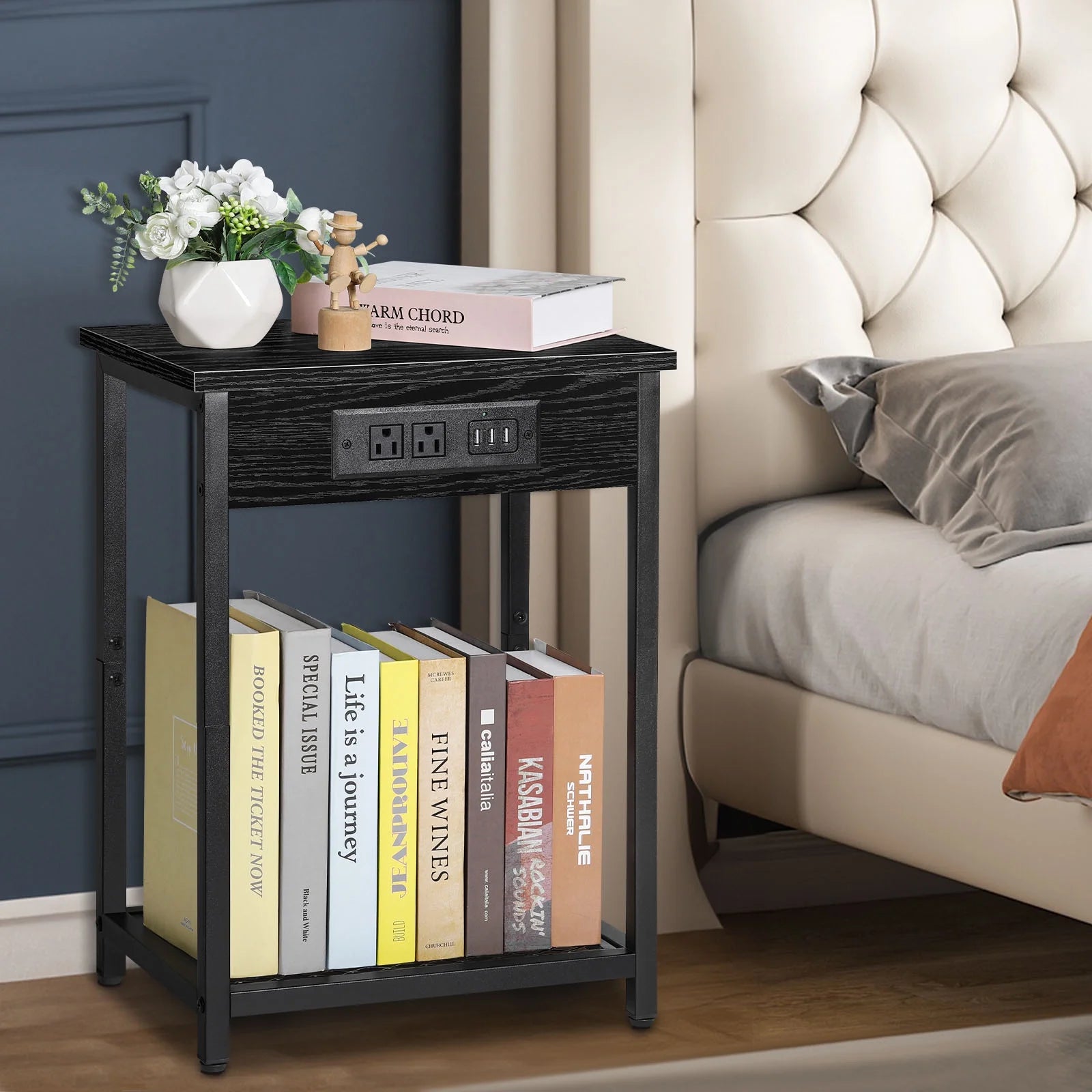 Nightstand End Table with Charging Station Black, Set of 2