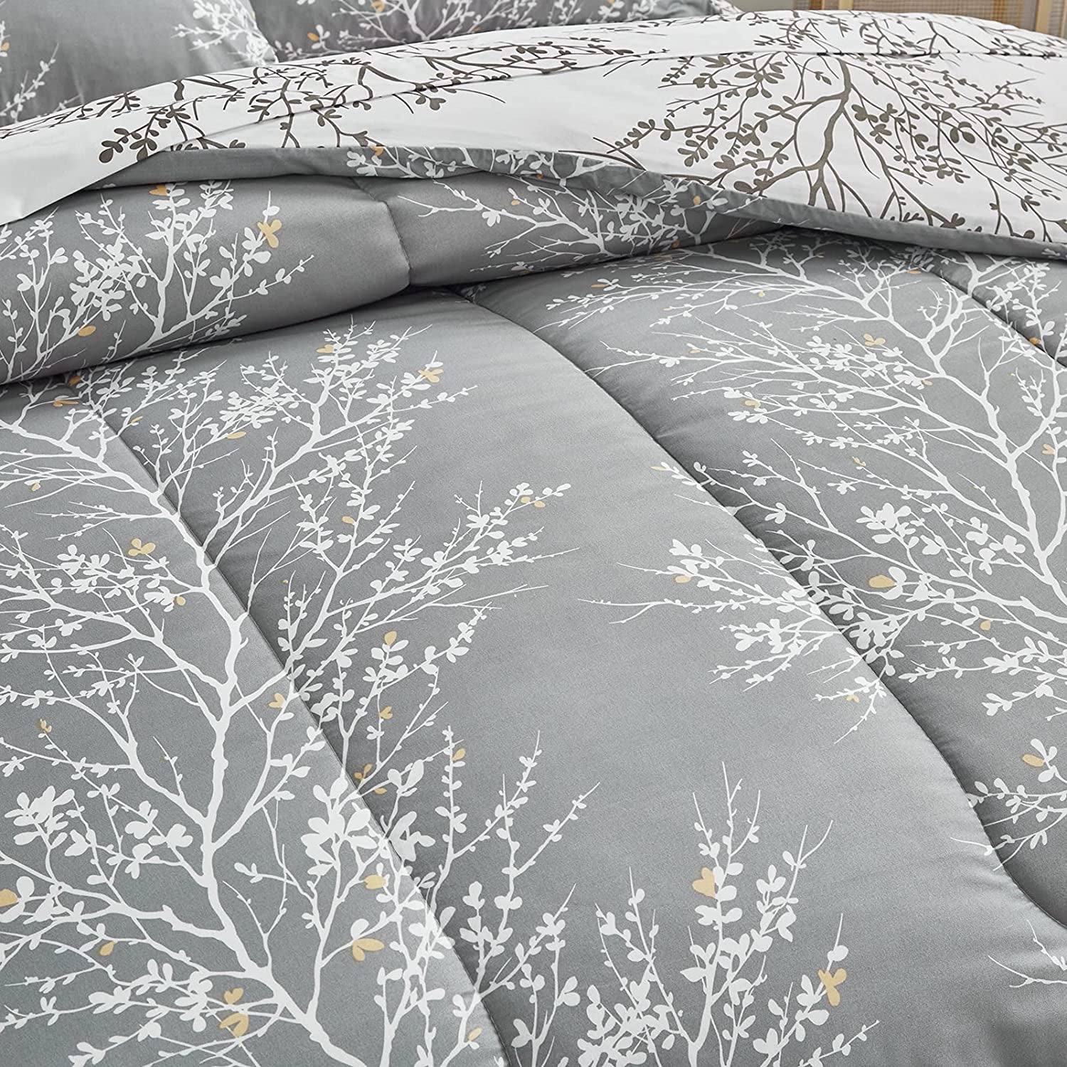 Bed in a Bag 7 Pieces Queen Size Gray Branches with Yellow Dots - Soft Microfiber Reversible Bed Comforter Set (1 Comforter 2 Pillow Shams 1 Flat Sheet 1 Fitted Sheet 2 Pillowcases)