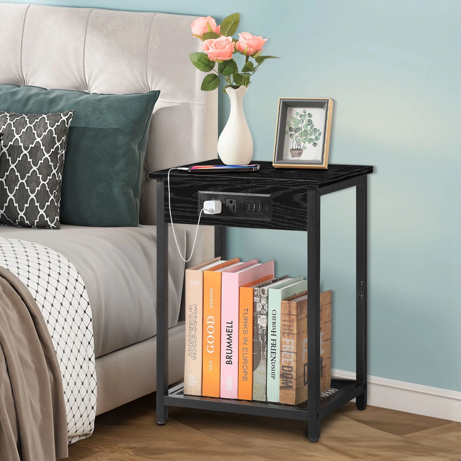 Nightstand End Table with Charging Station Black, Set of 2