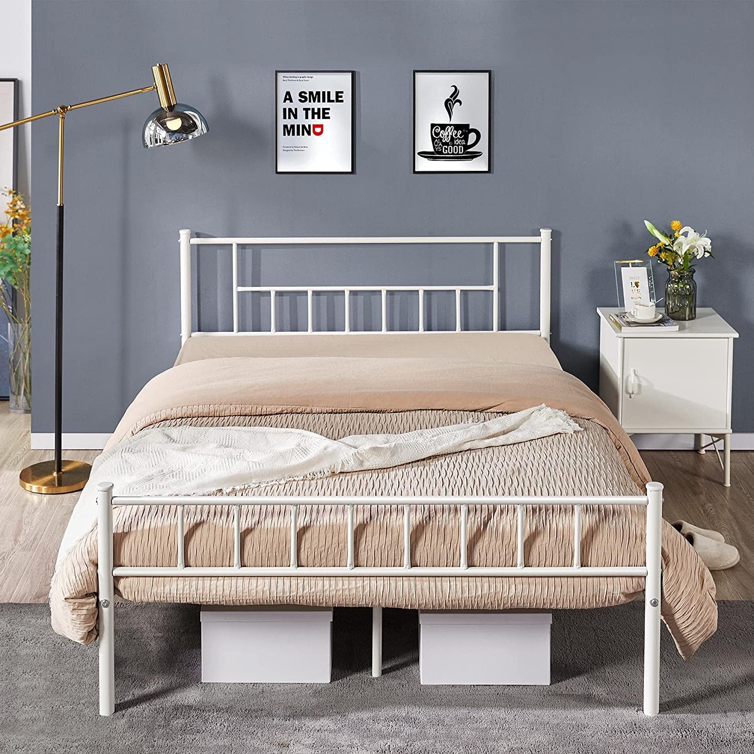 13 Inch Full Size Metal Bed Frame with Headboard and Footboard Platform Bed Frame with Storage No Box Spring Needed Mattress Foundation for Adult White