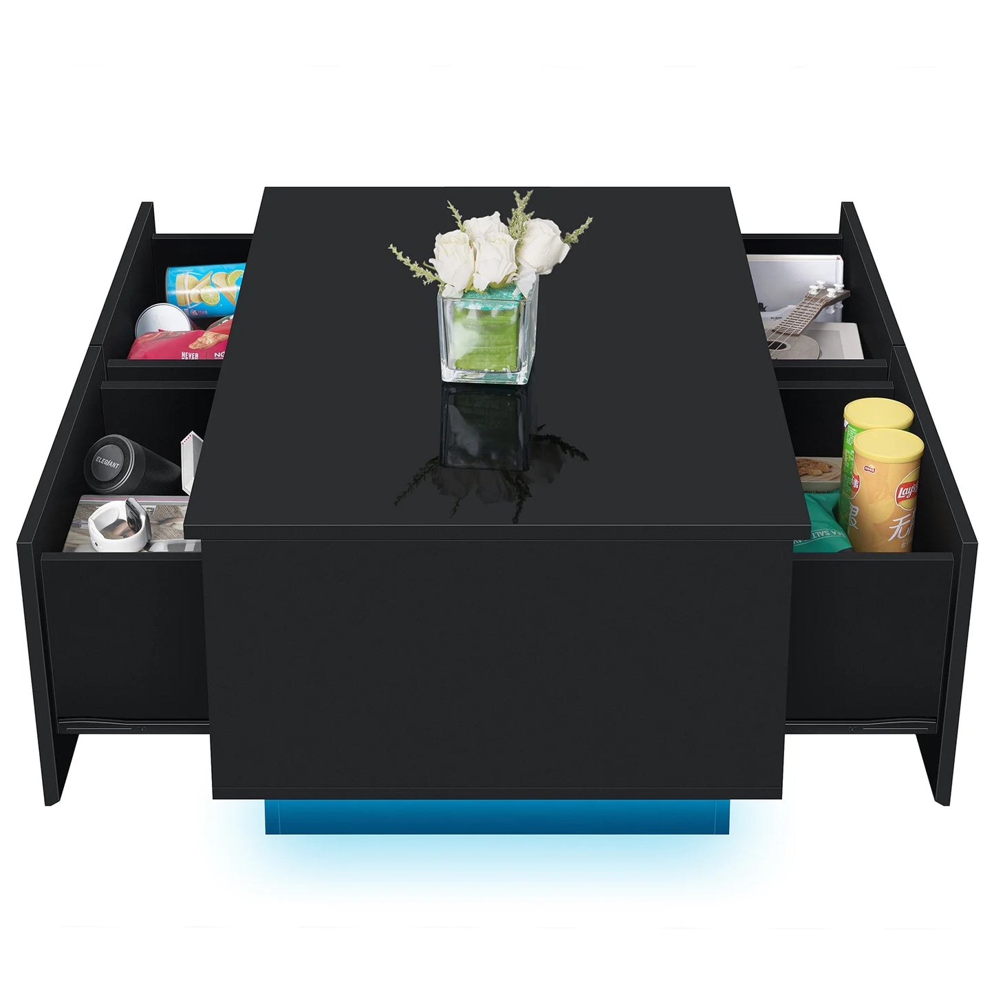 Modern Coffee Table with 4 Drawers LED Center Cocktail Table Black High Gloss Finish