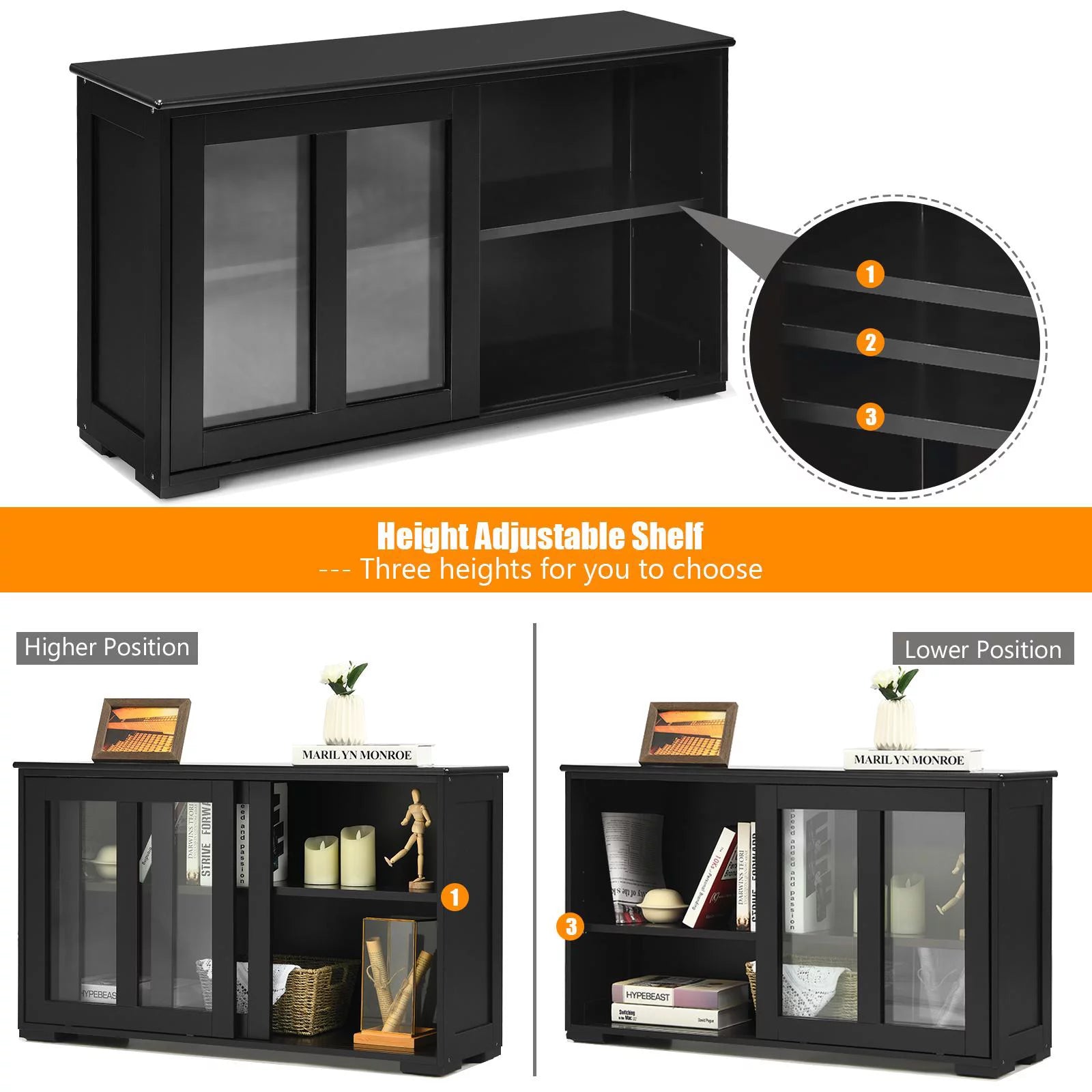 Stackable Buffet Cabinet, Kitchen Storage Cabinet with Sliding Tempered Glass Doors, Small Sideboard for Kitchen, Dining Room or Living Room, Black