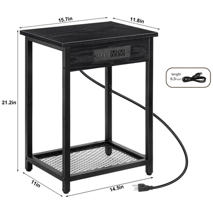 Nightstand End Table with Charging Station Black, Set of 2