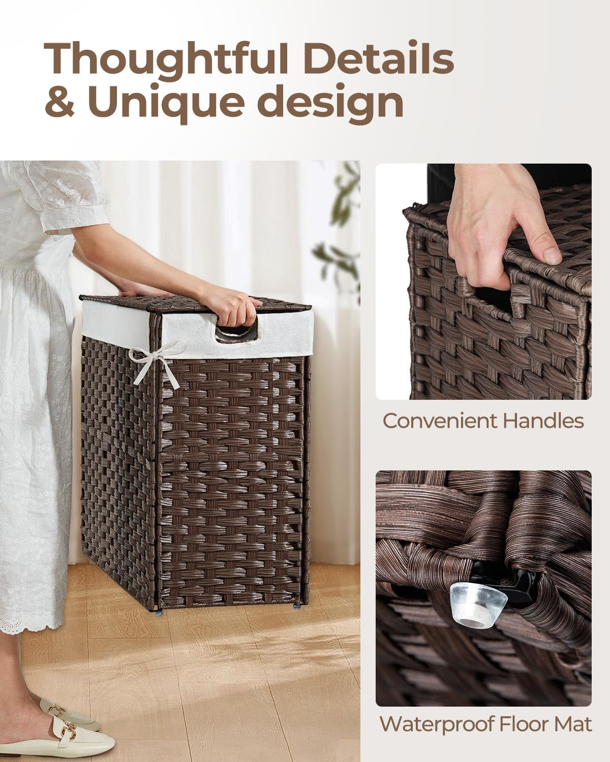 Laundry Hamper with Lid, No Install Needed, 90L Wicker Laundry Baskets Foldable 2 Removable Liner Bags, 2 Section Clothes Hamper Handwoven Rattan Laundry Basket with Handles, Brown