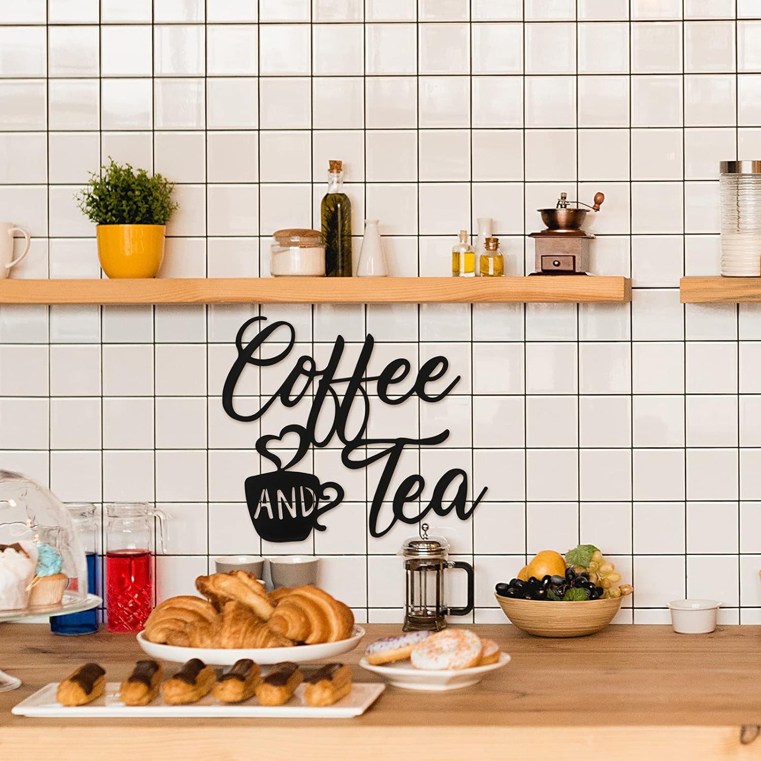 Coffee Sign Coffee and Tea Bar Sign Metal Hanging Wall Art Sign 12 X 10.2 Inch Black Coffee Cup Wall Decor Coffee Bar Letter Sign for Cafe Farmhouse Kitchen (Coffee Tea)