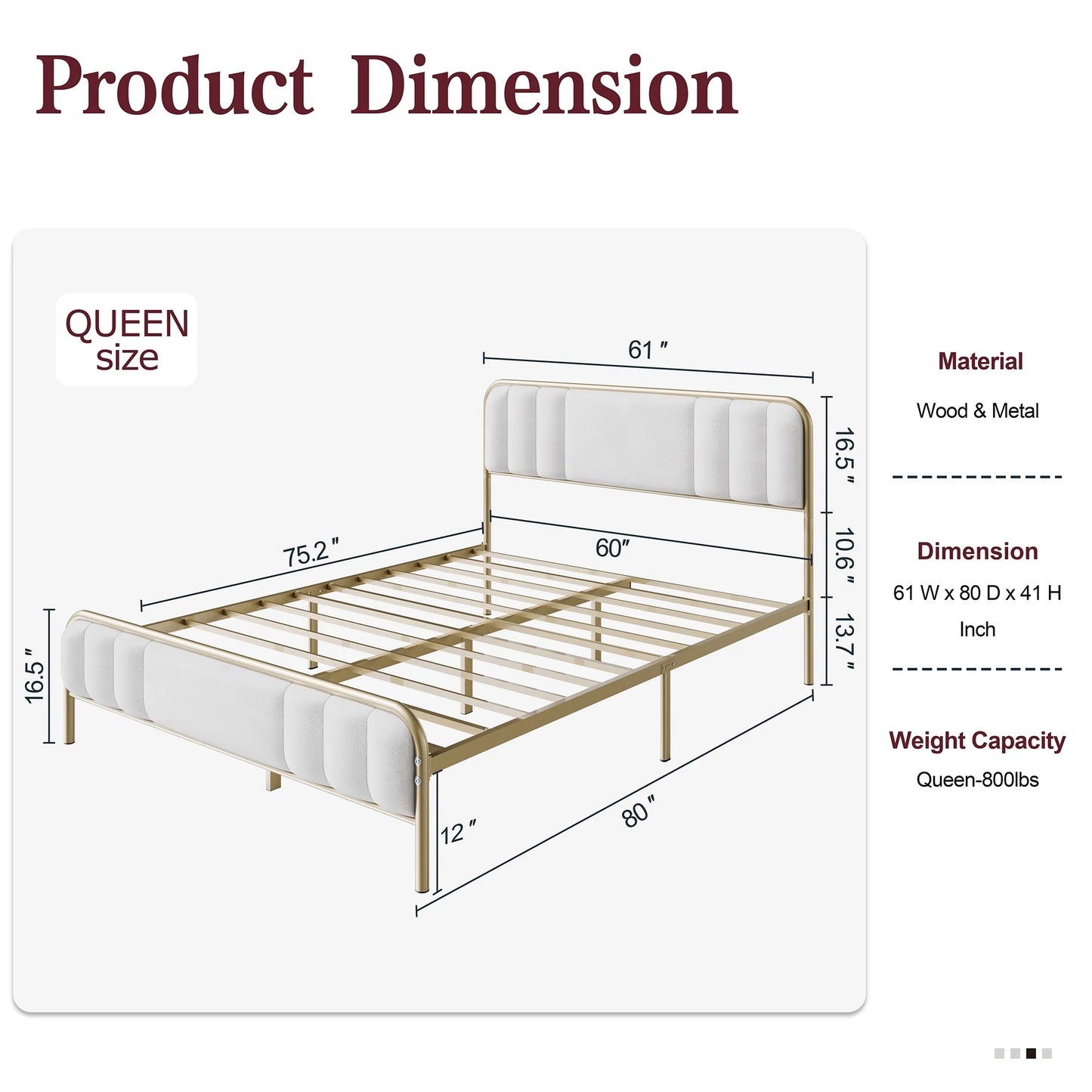 Gold Queen Size Bed Frame with Velvet Fabric Headboard, Metal Platform Bed with 13" Storage Space, Solid Metal Slats Support