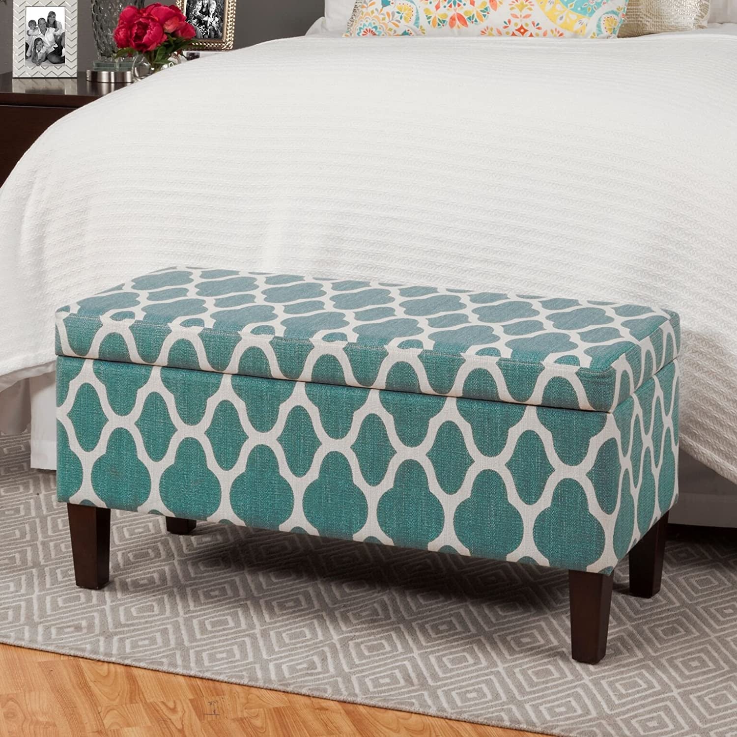 Large Upholstered Rectangular Storage Ottoman Bench with Hinged Lid, Teal Blue Geometric