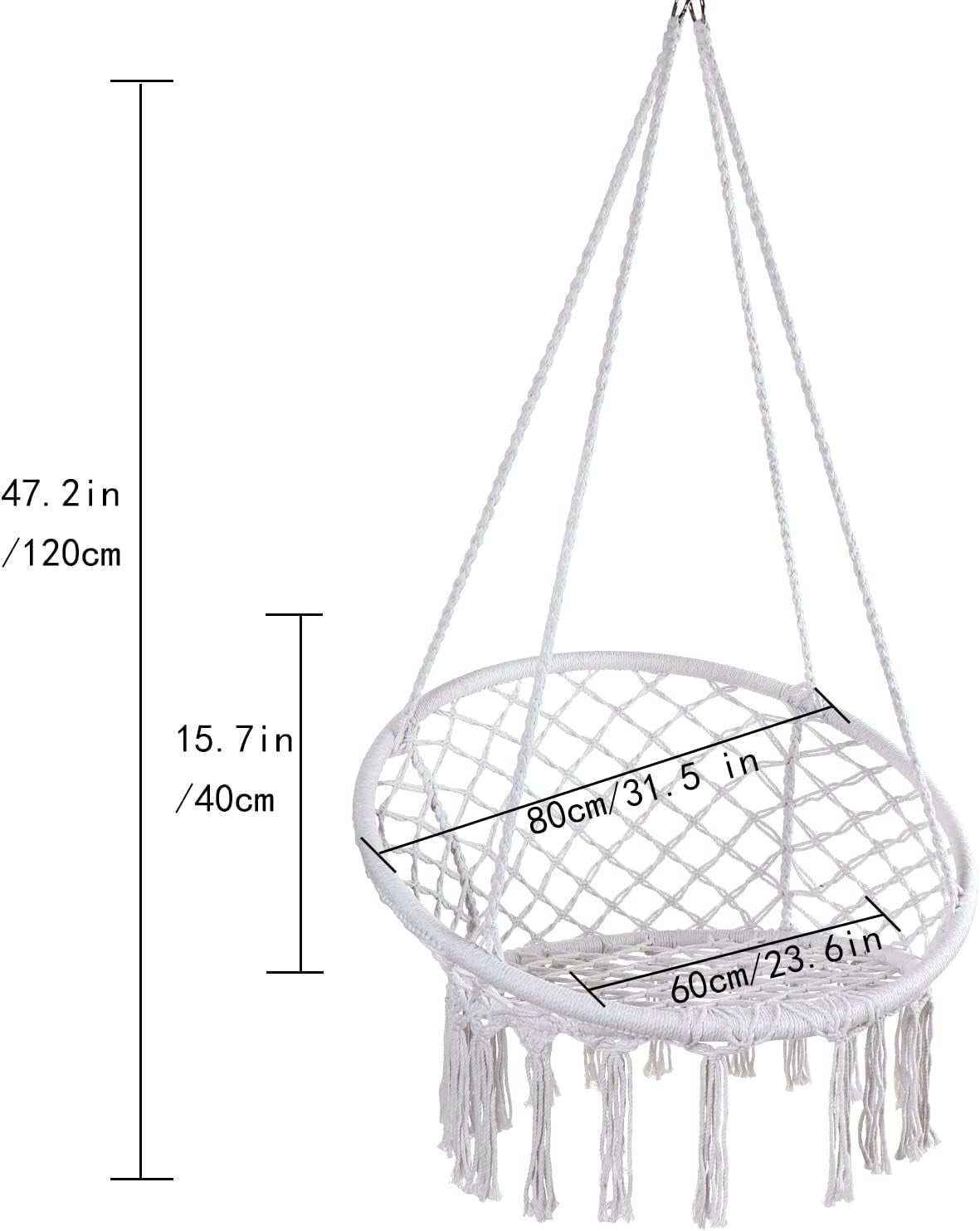 Hammock Chair Macrame Swing Chair, Max 330 Lbs, Hanging Chair Cotton Rope Hammock Chair Swing for Indoor and Outdoor Use, White