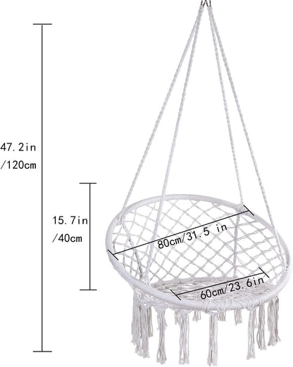 Hammock Chair Macrame Swing Chair, Max 330 Lbs, Hanging Chair Cotton Rope Hammock Chair Swing for Indoor and Outdoor Use, White