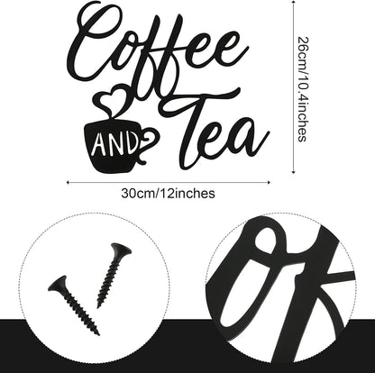 Coffee Sign Coffee and Tea Bar Sign Metal Hanging Wall Art Sign 12 X 10.2 Inch Black Coffee Cup Wall Decor Coffee Bar Letter Sign for Cafe Farmhouse Kitchen (Coffee Tea)