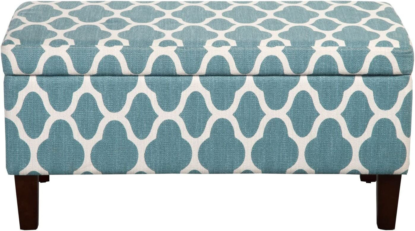 Large Upholstered Rectangular Storage Ottoman Bench with Hinged Lid, Teal Blue Geometric