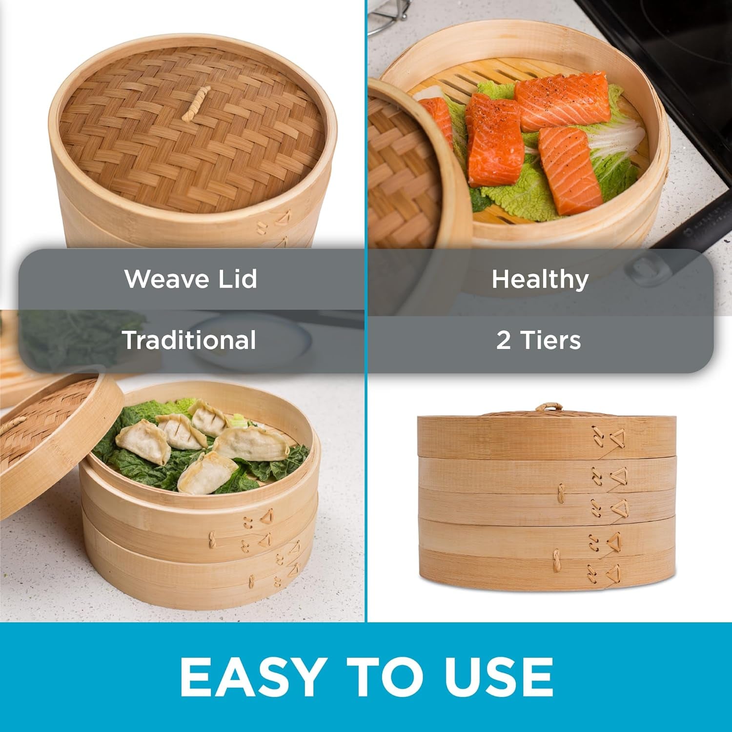 10 Inch Bamboo Steamer for Cooking Vegetables and Dumplings - Classic Traditional 2 Tier Design - Healthy Food Prep - Great for Dim Sum, Chicken, Fish, Veggies - Steam Basket - Natural