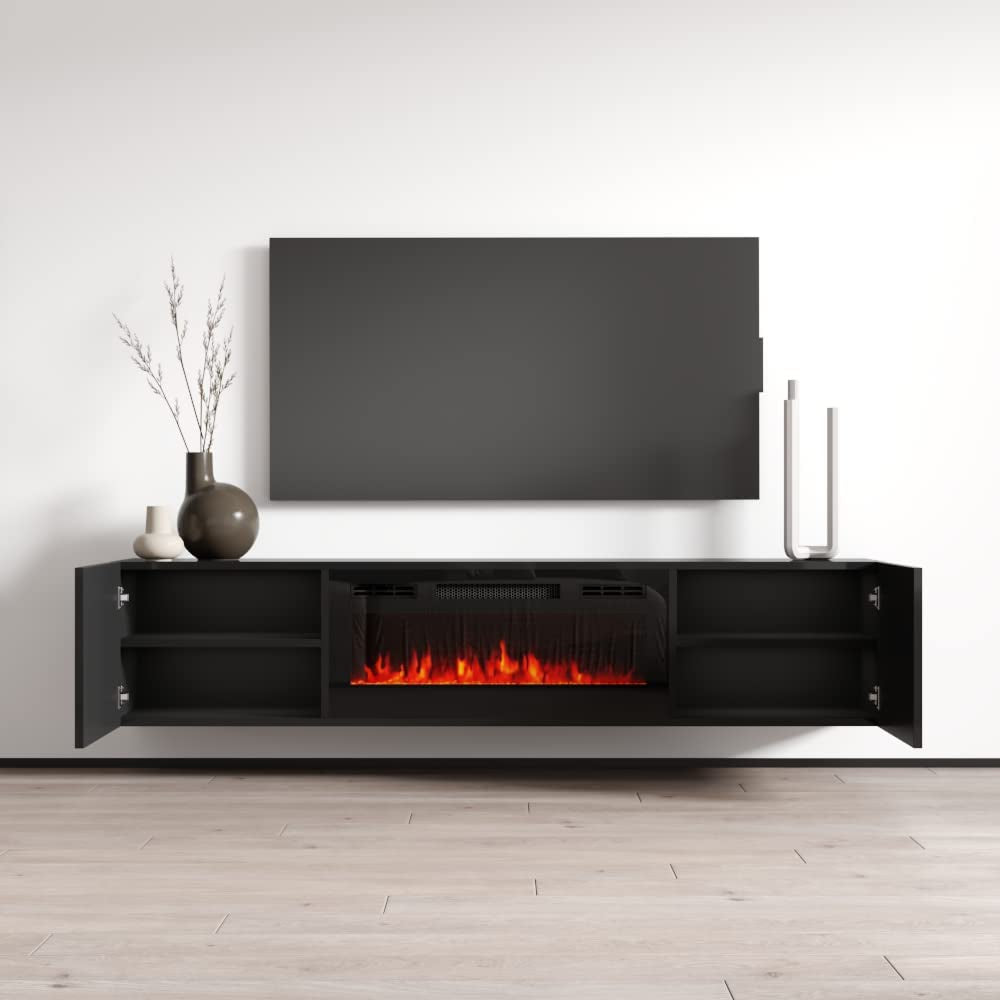 Cali BL-EF Floating Fireplace TV Stand for Tvs up to 80", Modern High Gloss 72" Entertainment Center, Wall Mounted Electric Fireplace TV Media Console with Storage Cabinets