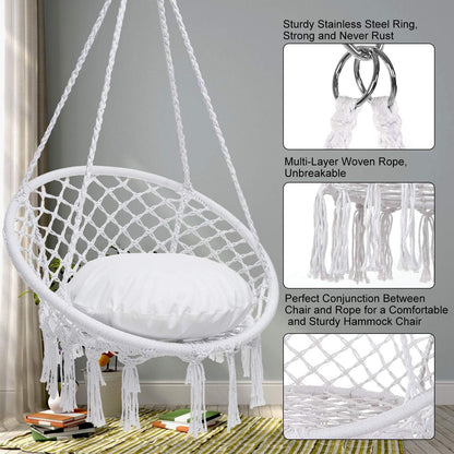 Hammock Chair Macrame Swing Chair, Max 330 Lbs, Hanging Chair Cotton Rope Hammock Chair Swing for Indoor and Outdoor Use, White