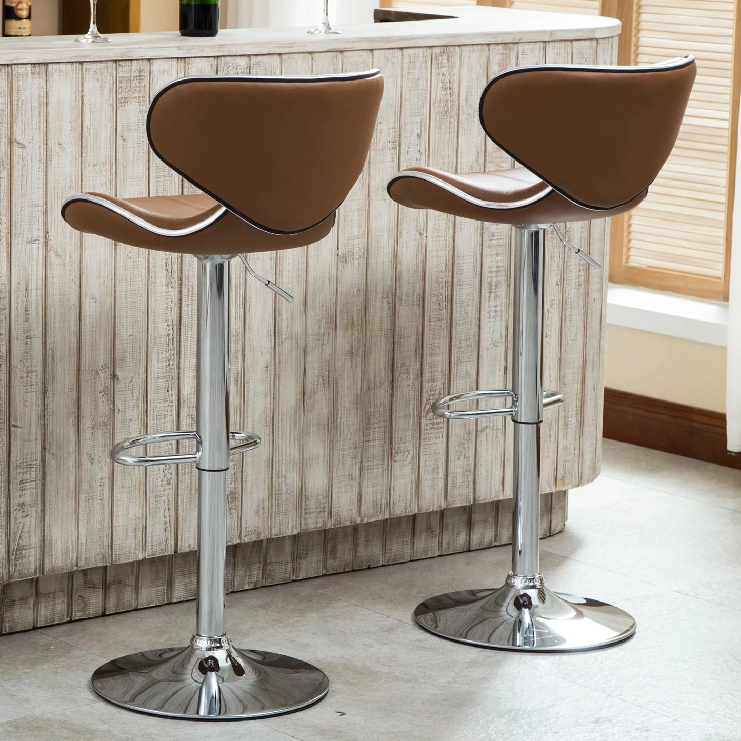 Roundhill Masaccio Cushioned Leatherette Upholstery Airlift Adjustable Swivel Barstool with Chrome Base, Set of 2, Multiple Colors Available