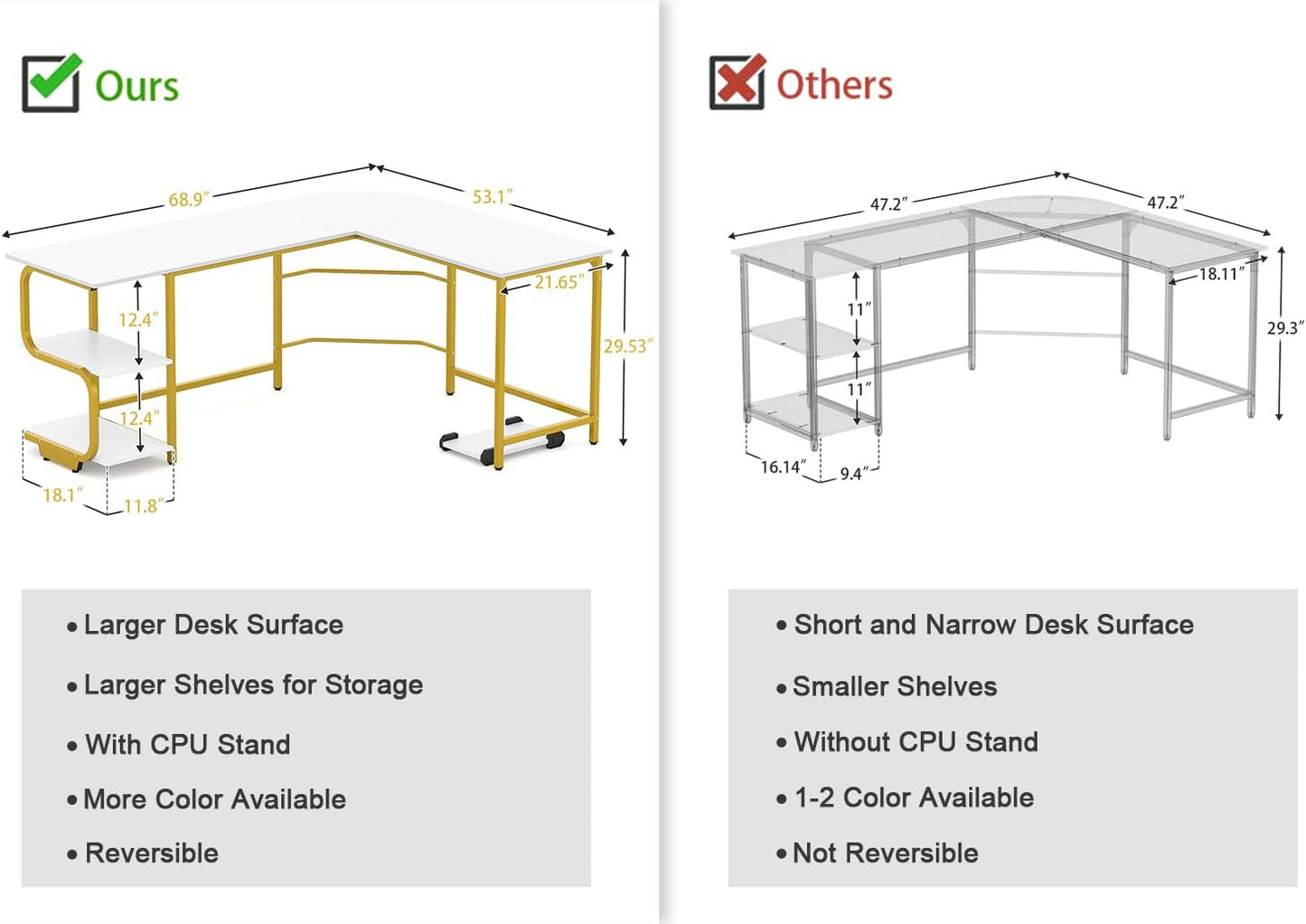 Reversible L Shaped Desk with Shelves 69“ Corner Computer Desk Gaming Desk Workstation for Home Office