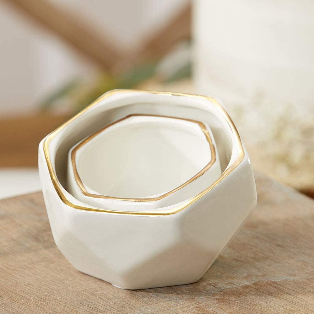 Geometric Ceramic Planters Decorative Bowls, Small & Medium (Set of 2) , White