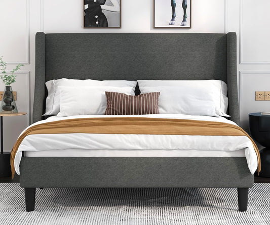 Full Size Bed Frame, Platform Bed Frame with Upholstered Headboard, Modern Deluxe Wingback, Wood Slat Support, Mattress Foundation, Dark Grey