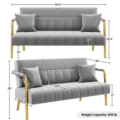 56.6'' W Modern Upholstered Sofa Couch with 2 Pillows,Light Gray