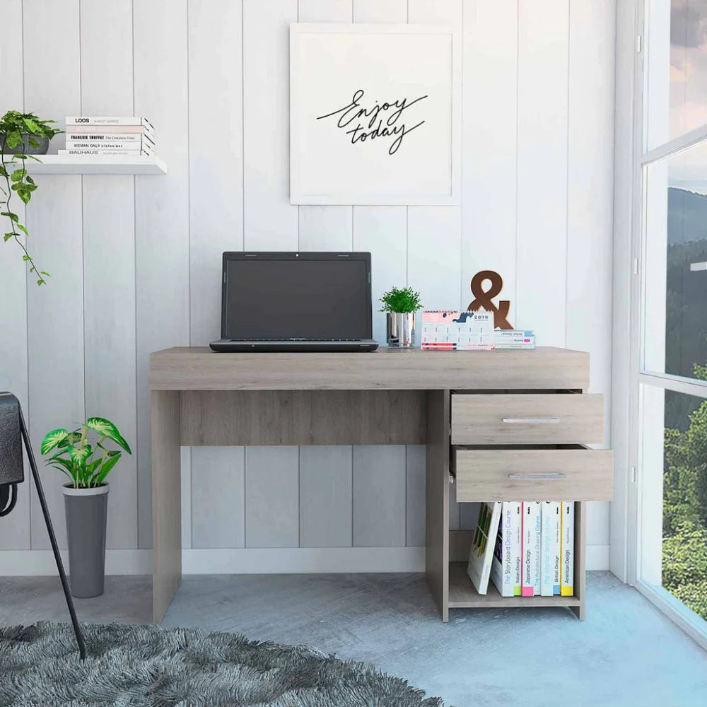 Computer Desk Limestone, Two Drawers, Light Gray Finish