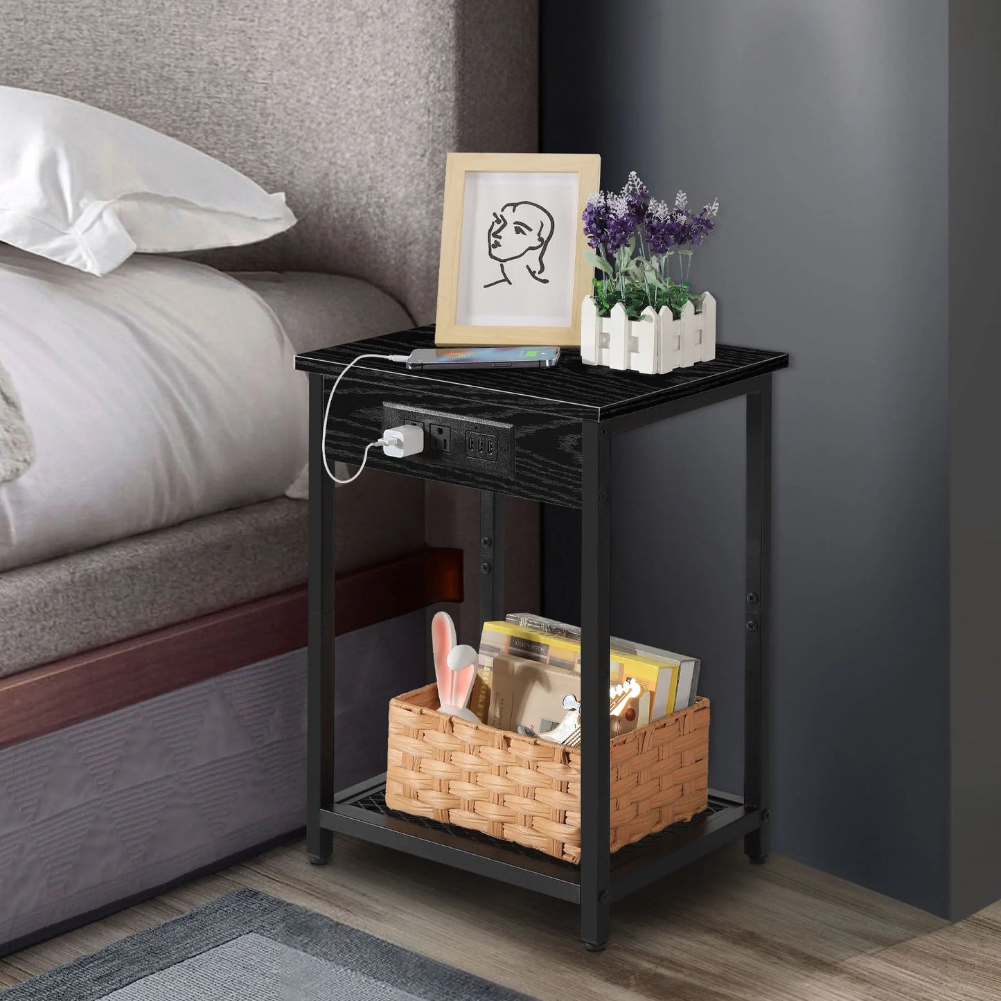 Nightstand End Table with Charging Station Black, Set of 2