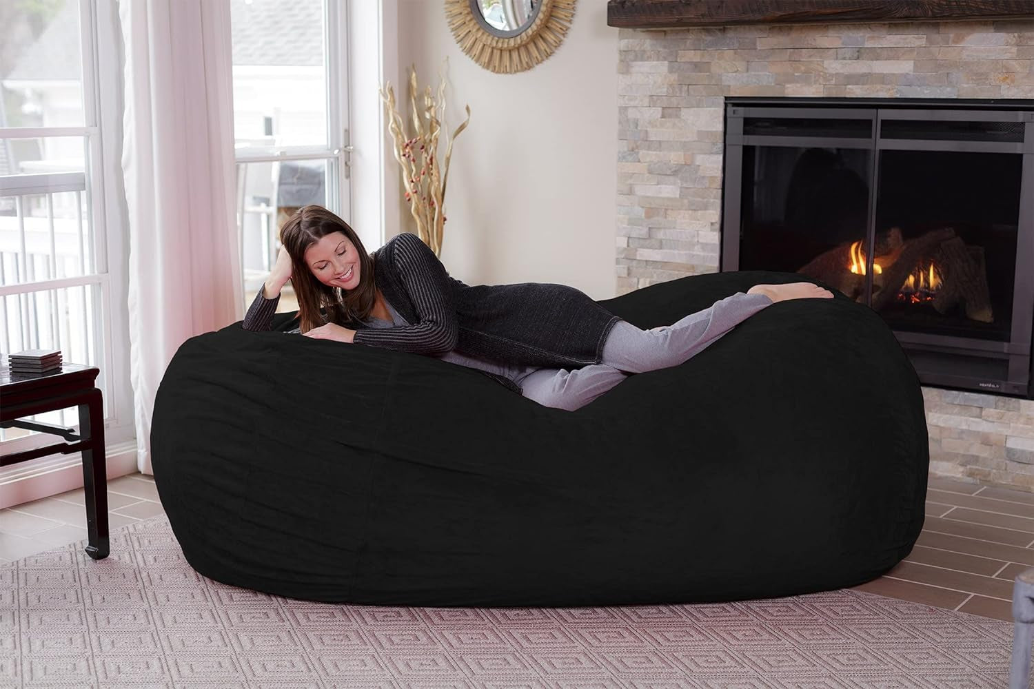 Memory Foam Bean Bag Lounger, 7.5-Feet, Black Furry