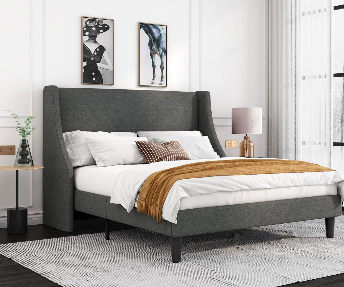 Full Size Bed Frame, Platform Bed Frame with Upholstered Headboard, Modern Deluxe Wingback, Wood Slat Support, Mattress Foundation, Dark Grey