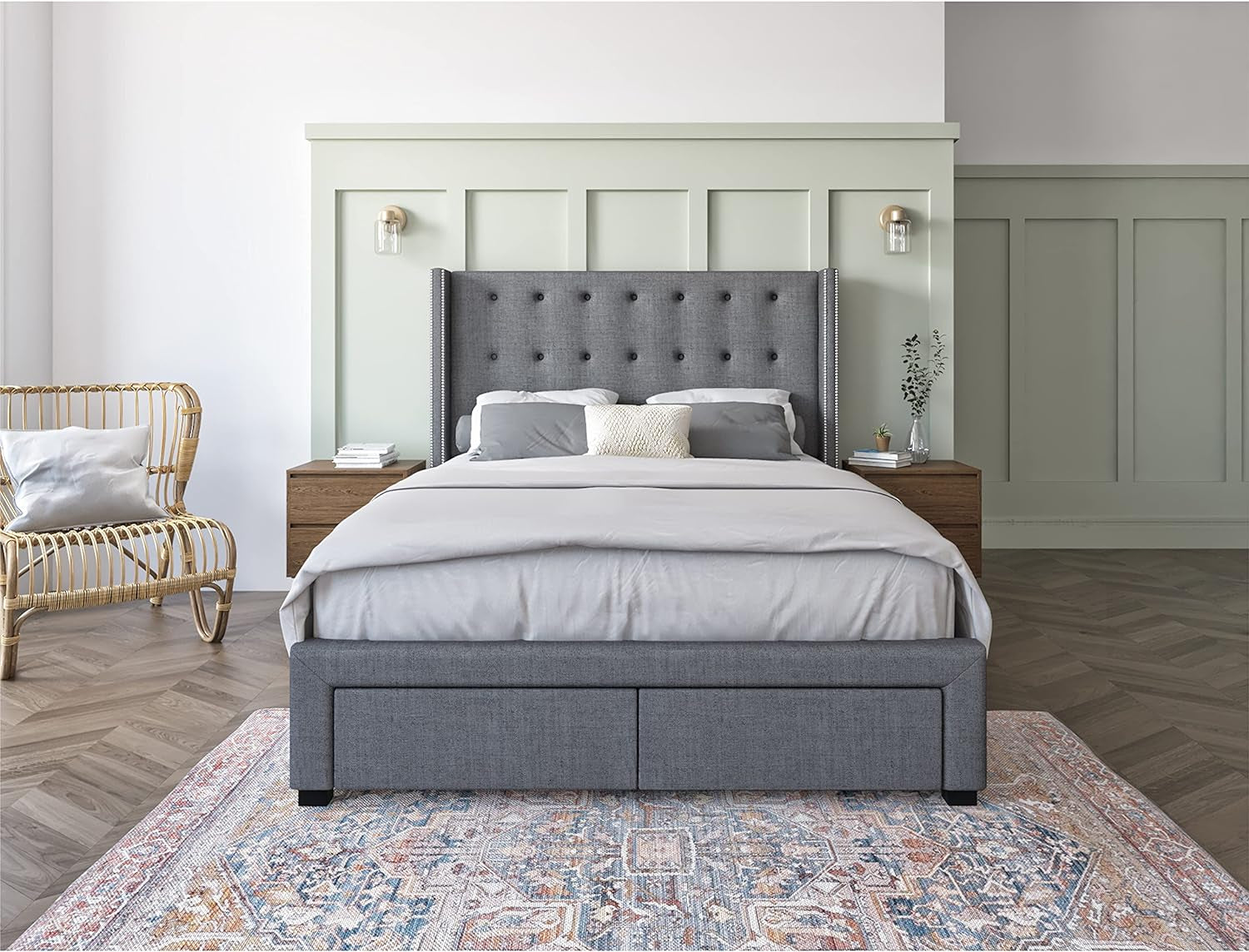 Savoy Tufted Upholstered Wingback Panel Storage Bed Frame, King Size in Grey Fabric