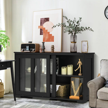 Stackable Buffet Cabinet, Kitchen Storage Cabinet with Sliding Tempered Glass Doors, Small Sideboard for Kitchen, Dining Room or Living Room, Black